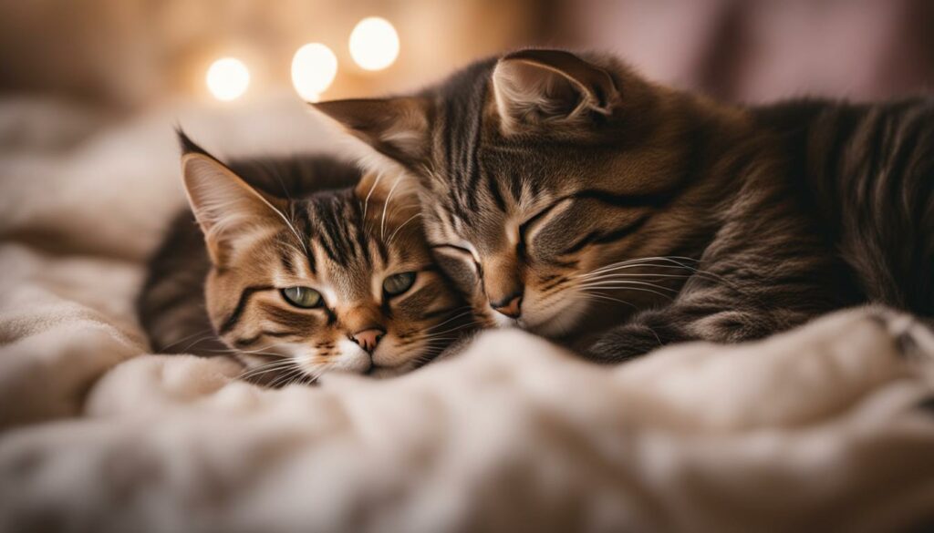 Geschwisterkinder und Katzen gemeinsam im Bett