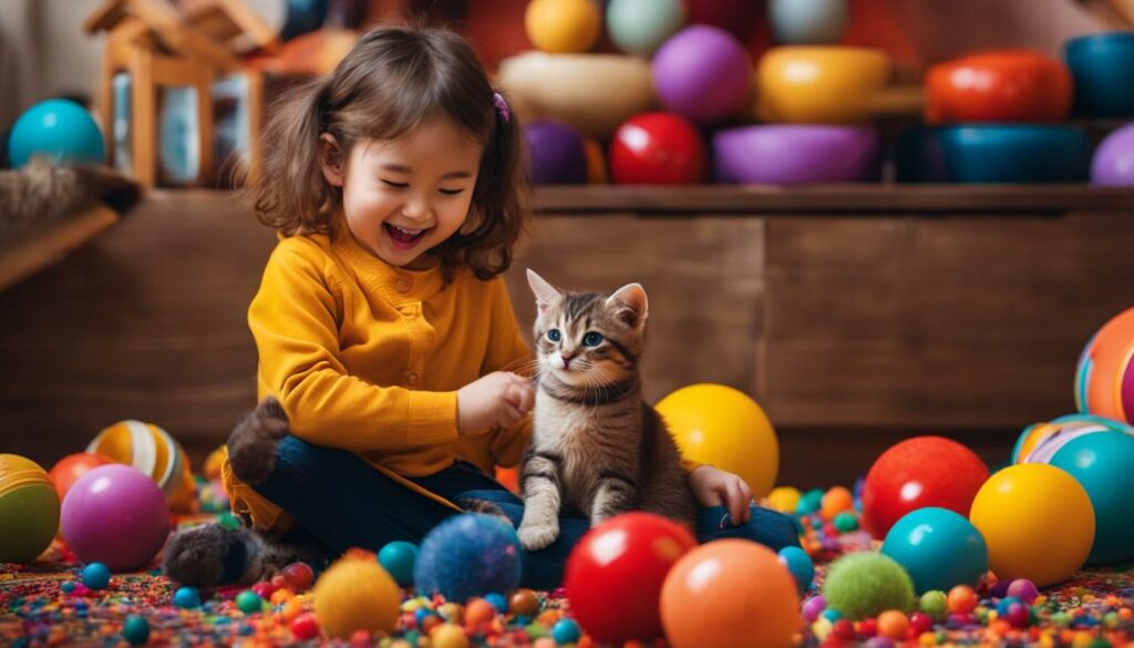 gemeinsame Spielzeit für Kinder und Katzen